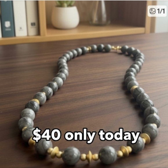 Jewelry - Elegant Gray and Gold Beaded Necklace 24” NWOT